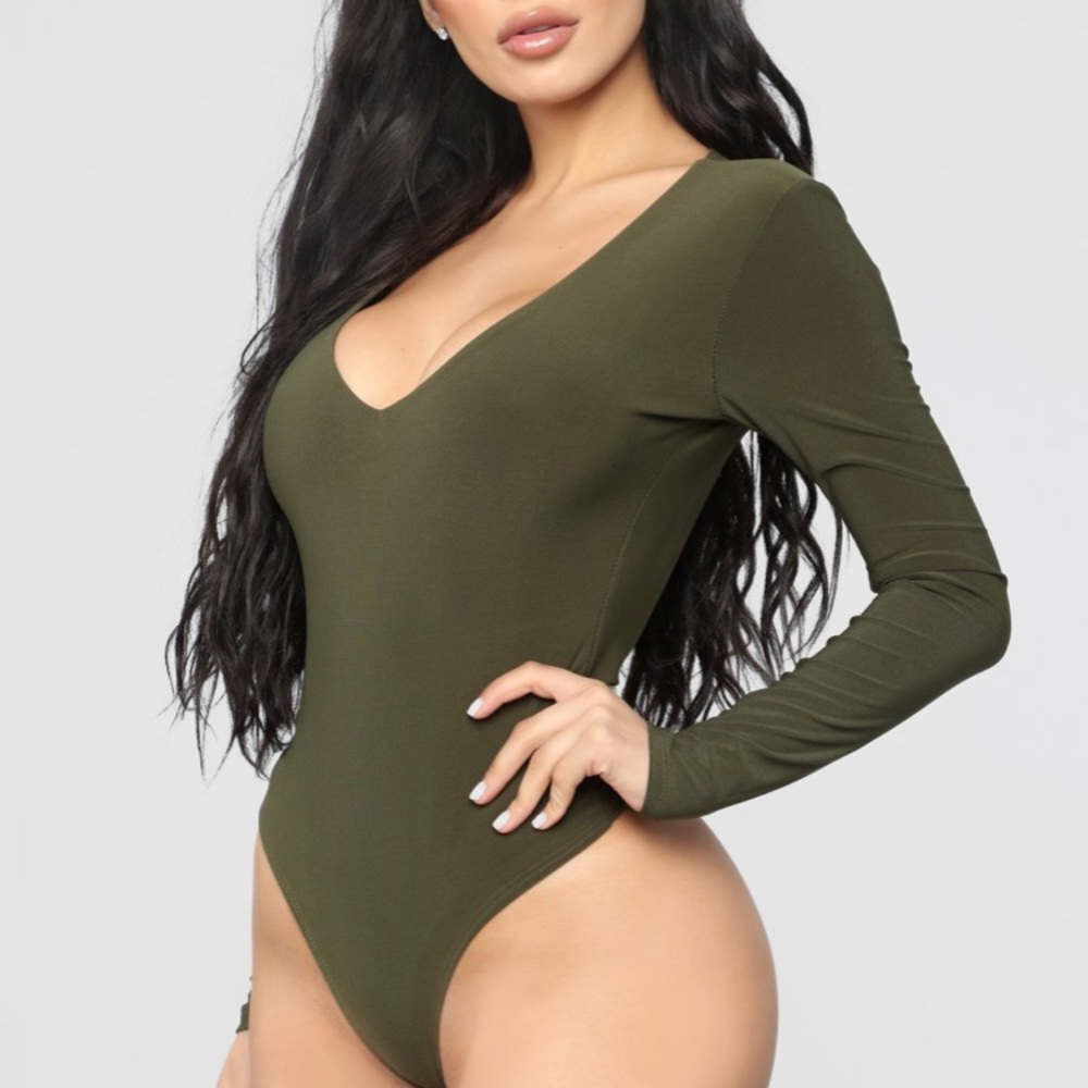 Green long sleeve bodysuit w/ lace up back detail
